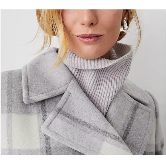 NWOT Ann Taylor Wool Blend Grey White Plaid Long Peacoat XS - Picture 7 of 7
